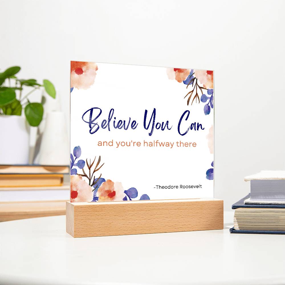 Believe You Can and You’re Halfway There Plaque – Inspirational Theodore Roosevelt Quote Sign for Office, Home,