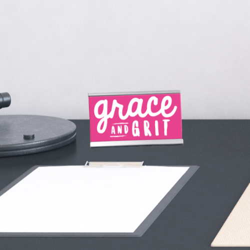"Grace and Grit" Desk Sign – Inspirational Pink Office Nameplate for Women – Empowering Desk Decor