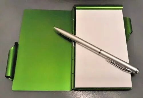 "On a Roll" Green Funny Chick Skateboard Metal Pocket Notepad & Pen – Cute & Whimsical Refillable Gift
