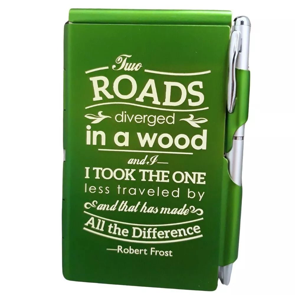 "Two Roads Diverged" Robert Frost Engraved Metal Pocket Notepad & Pen – Inspirational Refillable Gift