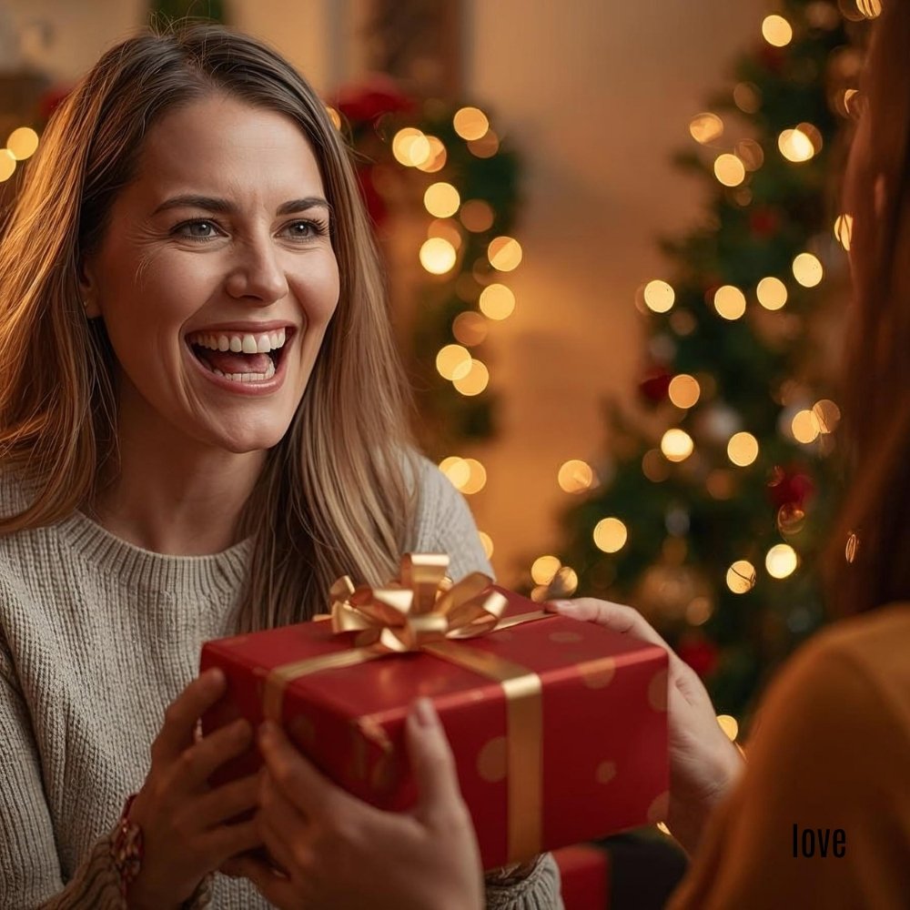 Woman happily receiving gift