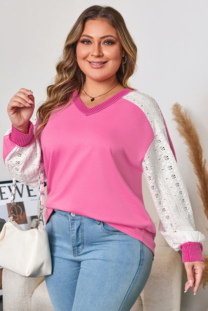 Pink V-Neck Long Sleeve Plus Size Shirt