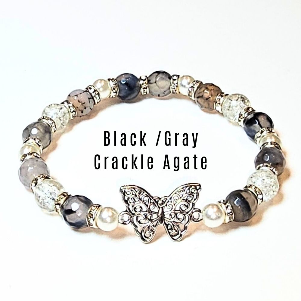 Black and Gray Crackle Agate Butterfly Bracelet