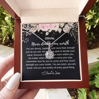 Custom Never Doubt Worth Necklace in hand