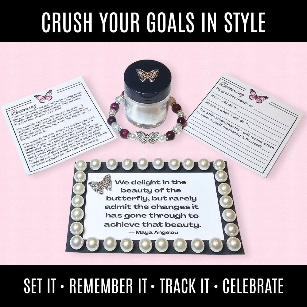 Goal tracker set with bracelet, beads, jar, and inspriational quote