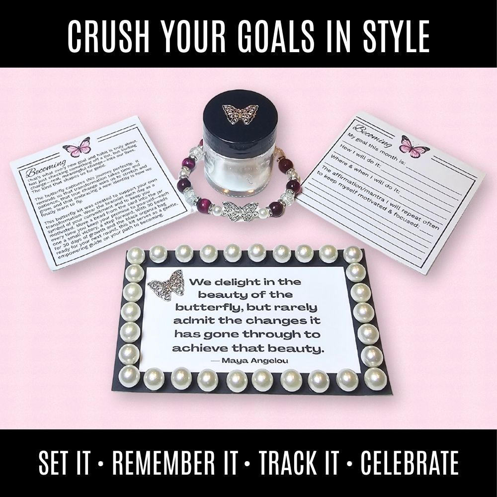 Motivational product set with cards, jar, and decorative frame on a pink background