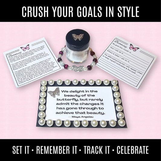 Motivational product set with cards, jar, and decorative frame on a pink background
