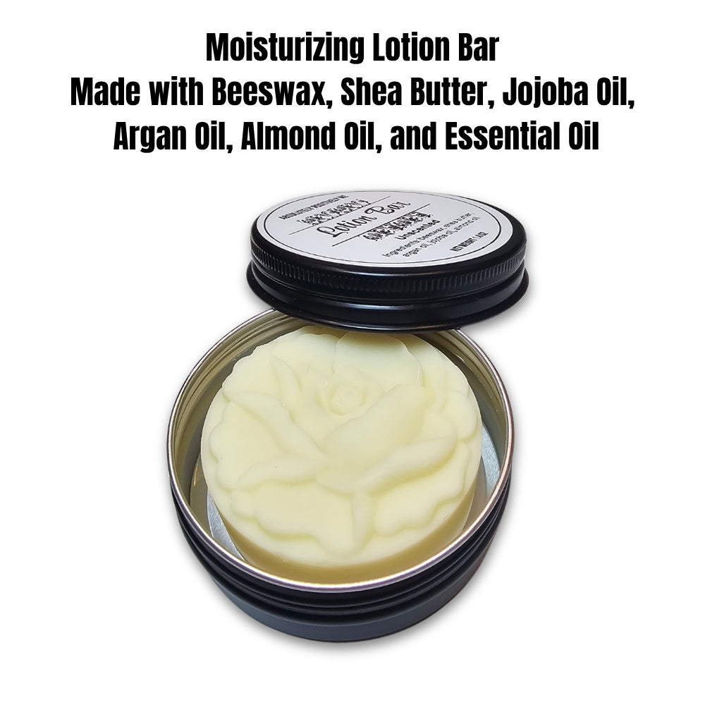 Moisturizing lotion bar in a tin with ingredients listed on a white background