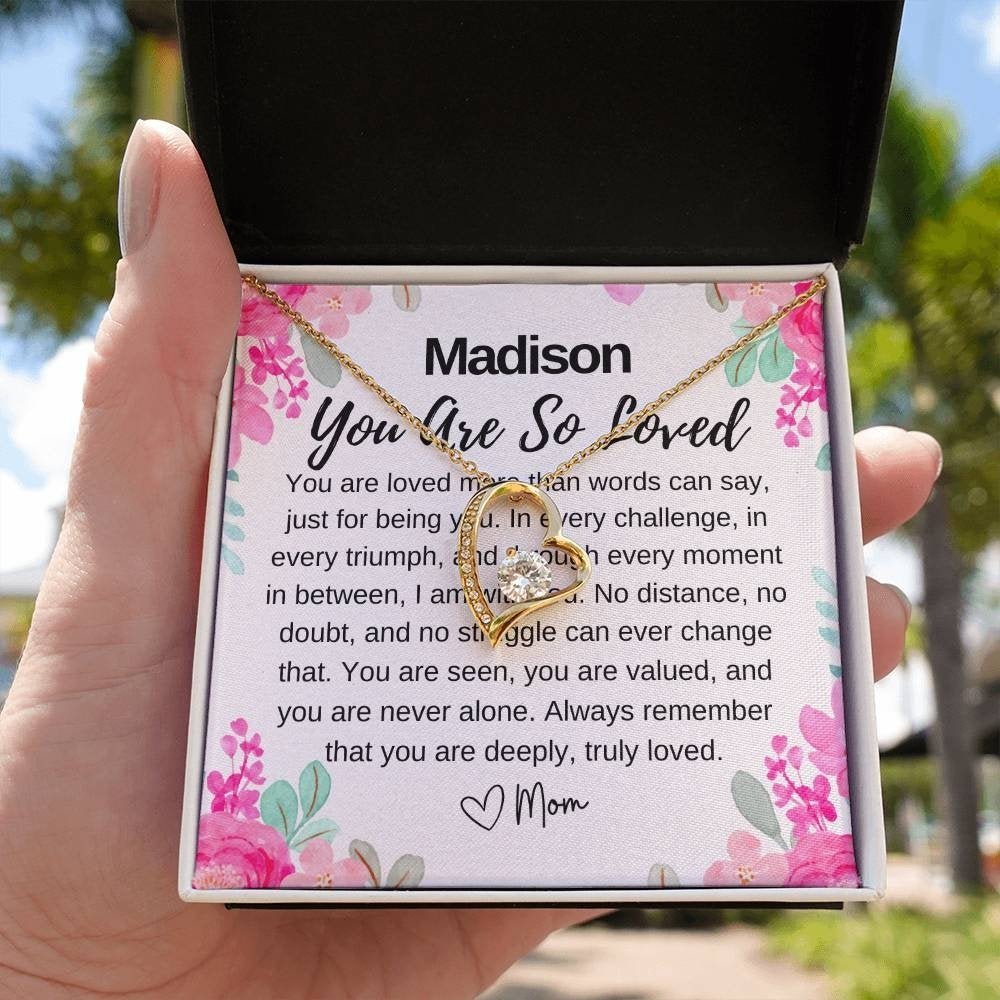 custom you are loved gold necklace in hand