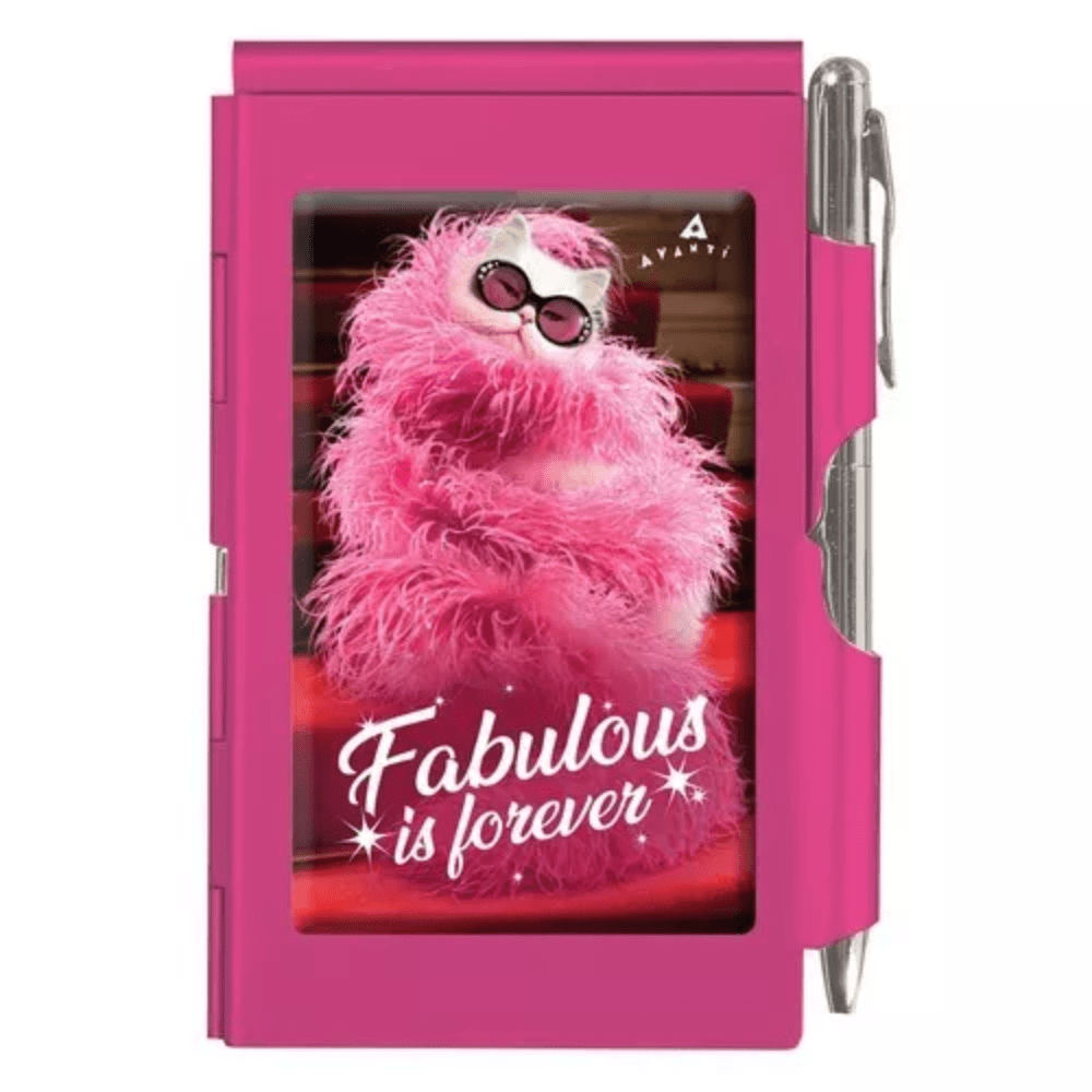 "Fabulous is Forever" Pink Fancy Cat Engraved Metal Pocket Notepad & Pen – Stylish Refillable Gift for Cat Lovers
