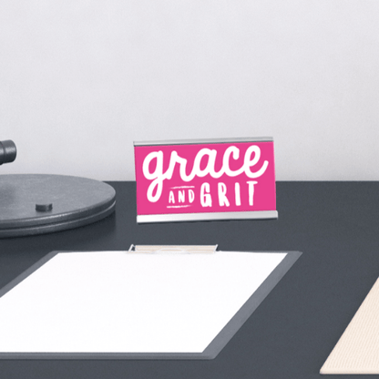 "Grace and Grit" Desk Sign – Inspirational Pink Office Nameplate for Women – Empowering Desk Decor
