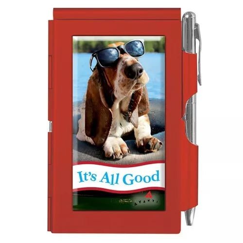 "It's All Good" Red Cute Basset Hound Dog Metal Pocket Notepad & Pen – Refillable Gift for Dog Lovers,