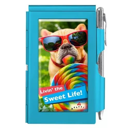 "Livin’ the Sweet Life" Blue Funny Dog Lollipop Metal Pocket Notepad & Pen – Cute & Refillable Gift for Dog Lovers