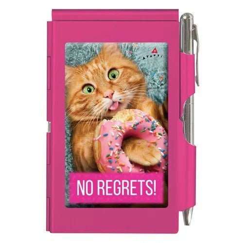 "No Regrets" Pink Funny Cat & Donut Engraved Metal Pocket Notepad & Pen – Cute & Humorous Refillable Gift