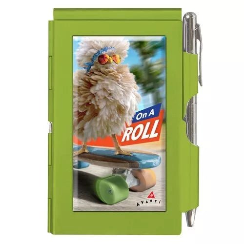 "On a Roll" Green Funny Chick Skateboard Metal Pocket Notepad & Pen – Cute & Whimsical Refillable Gift