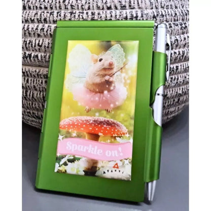 "Sparkle On" Green Cute Mouse Fairy Metal Pocket Notepad & Pen – Whimsical Refillable Gift