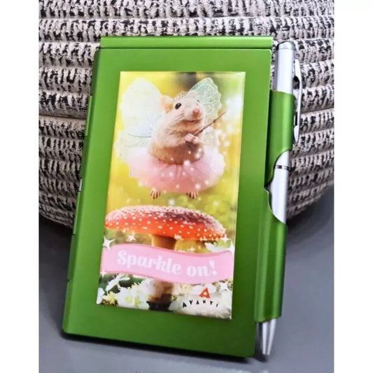 "Sparkle On" Green Cute Mouse Fairy Metal Pocket Notepad & Pen – Whimsical Refillable Gift