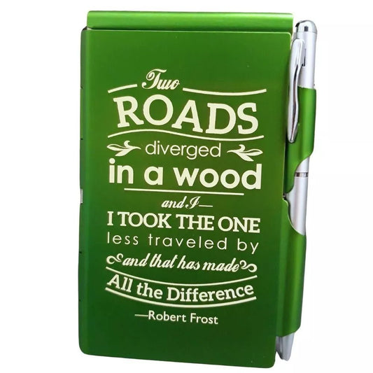 "Two Roads Diverged" Robert Frost Engraved Metal Pocket Notepad & Pen – Inspirational Refillable Gift